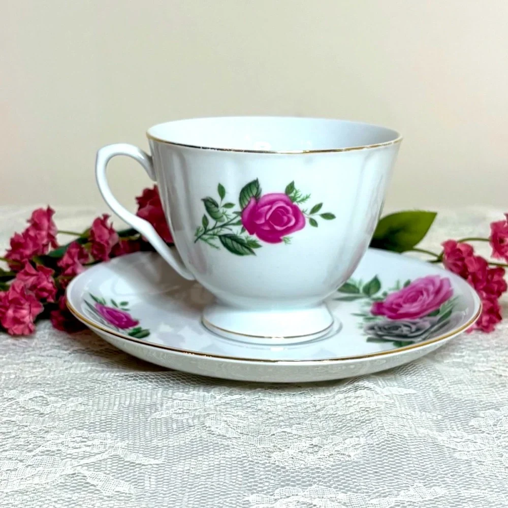 Vintage Tea Cup Victorian Roses Teacup Plate Set Elegant Dainty White Pink Gold